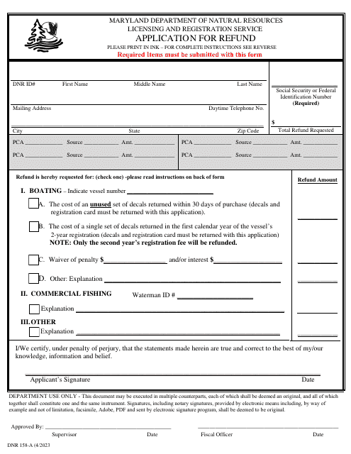 DNR Form 158-A Application for Refund - Maryland