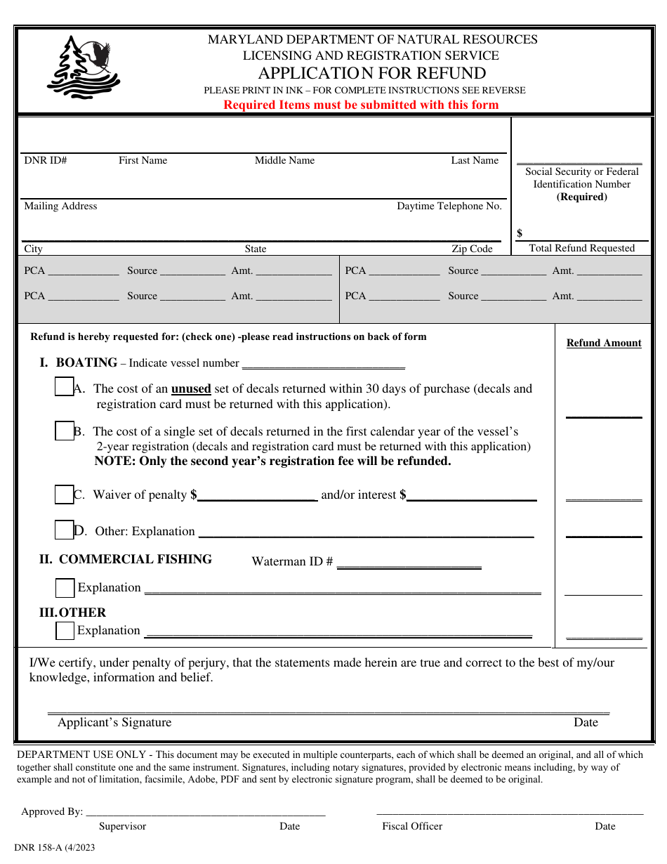 DNR Form 158-A Application for Refund - Maryland, Page 1