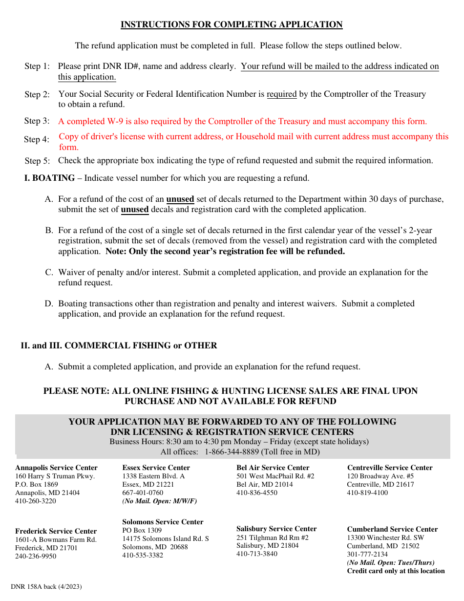DNR Form 158-A Application for Refund - Maryland, Page 2