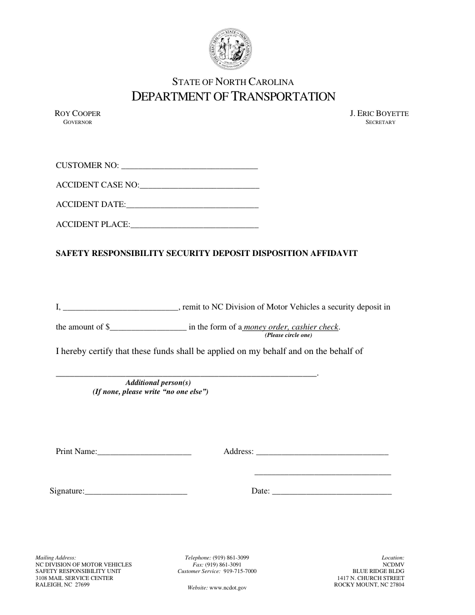 North Carolina Safety Responsibility Security Deposit Disposition