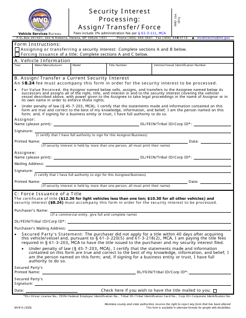 Form MV81A Security Interest Processing: Assign/Transfer/Force - Montana
