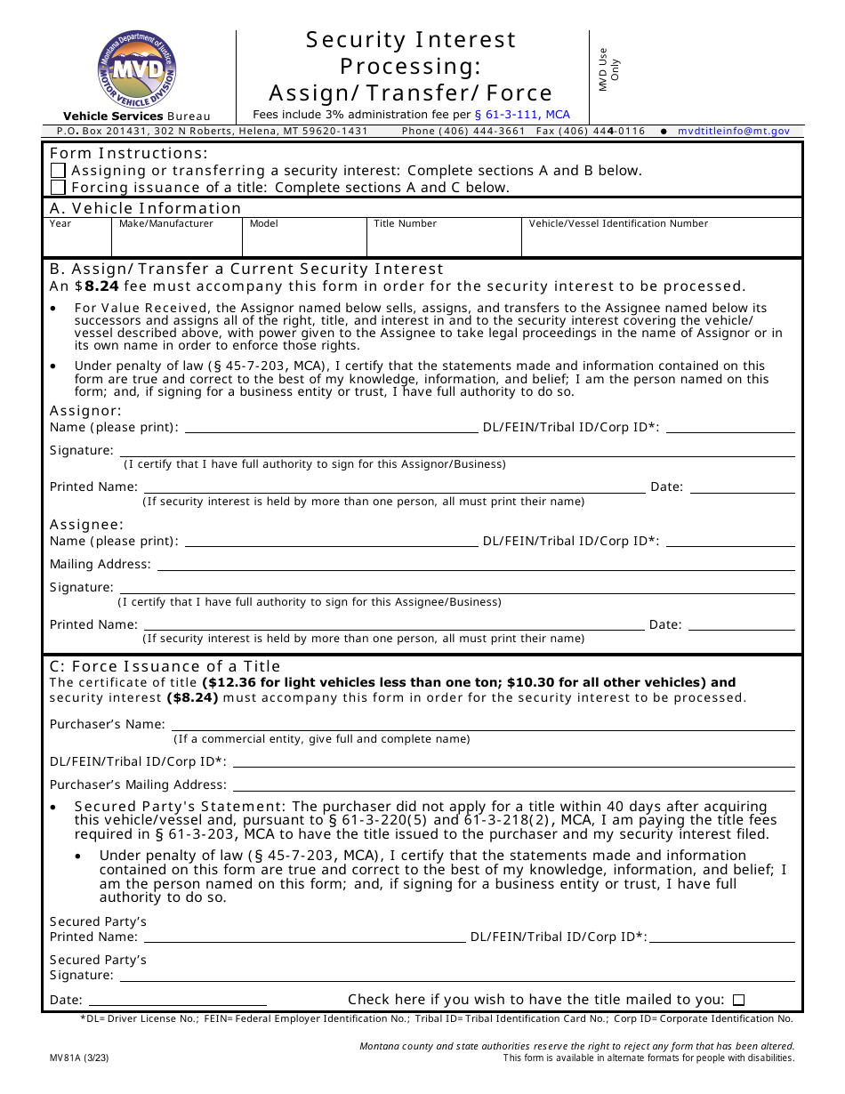 Form MV81A Security Interest Processing: Assign / Transfer / Force - Montana, Page 1