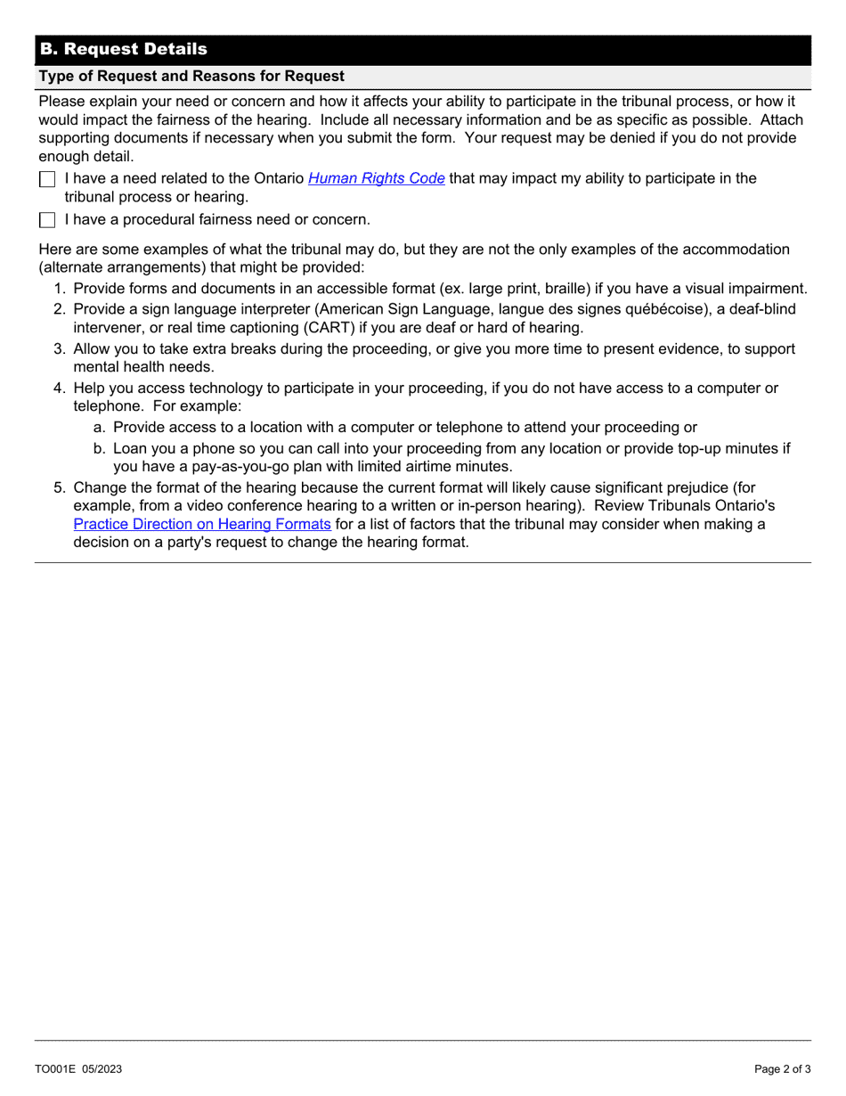 Form TO001E Accommodation Request - Ontario, Canada, Page 2
