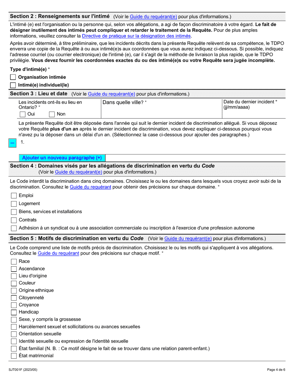 Forme 1 (SJT001F) Requete En Vertu De Larticle 34(1) Du Code DES Droits De La Personne - Ontario, Canada (French), Page 4