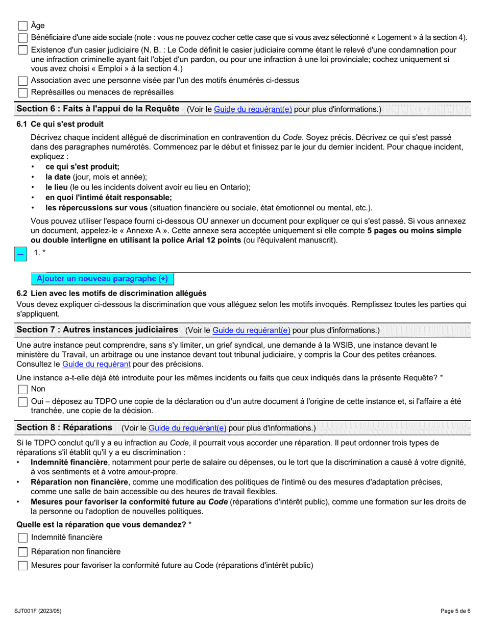 Forme 1 (SJT001F) Requete En Vertu De Larticle 34(1) Du Code DES Droits De La Personne - Ontario, Canada (French), Page 5