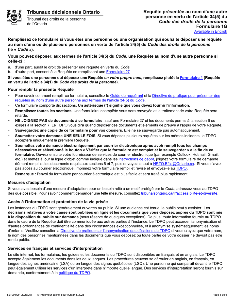 Forme 1G (SJT001GF) Requete Presentee Au Nom Dune Autre Personne En Vertu De Larticle 34(5) Du Code DES Droits De La Personne - Ontario, Canada (French), Page 1