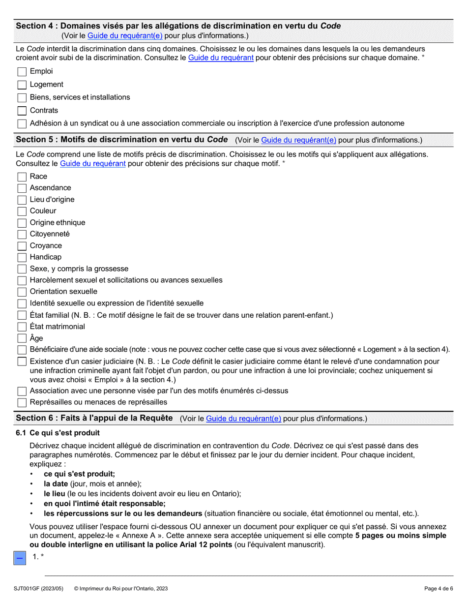 Forme 1G (SJT001GF) Requete Presentee Au Nom Dune Autre Personne En Vertu De Larticle 34(5) Du Code DES Droits De La Personne - Ontario, Canada (French), Page 4