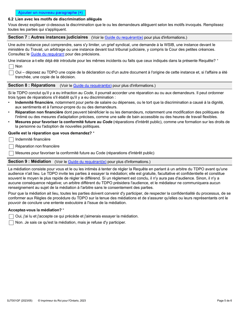 Forme 1G (SJT001GF) Requete Presentee Au Nom Dune Autre Personne En Vertu De Larticle 34(5) Du Code DES Droits De La Personne - Ontario, Canada (French), Page 5