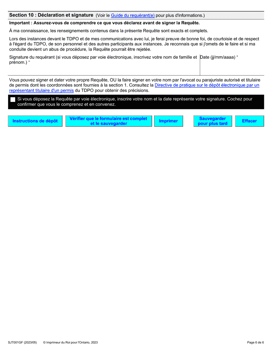 Forme 1G (SJT001GF) Requete Presentee Au Nom Dune Autre Personne En Vertu De Larticle 34(5) Du Code DES Droits De La Personne - Ontario, Canada (French), Page 6