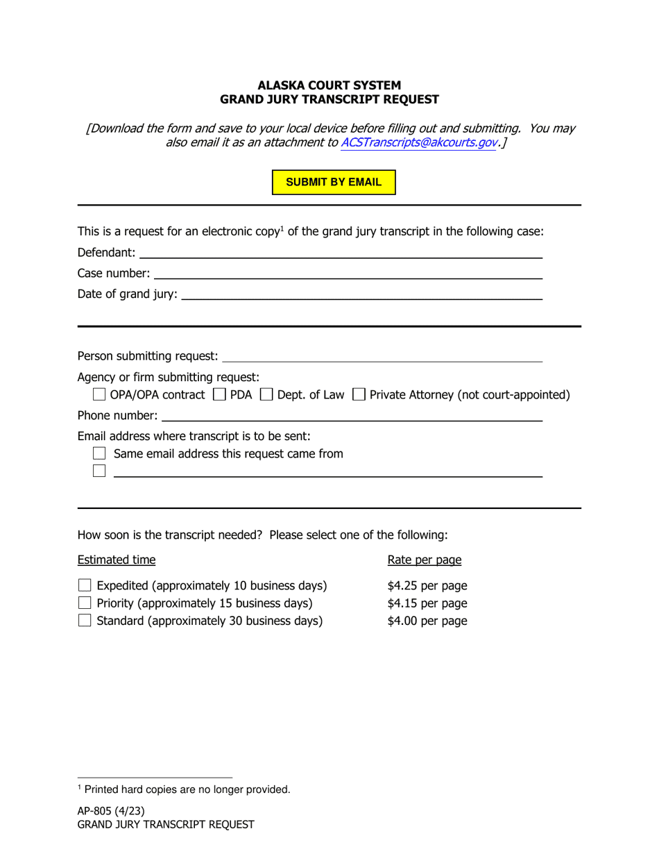Form AP-805 Grand Jury Transcript Request - Alaska, Page 1
