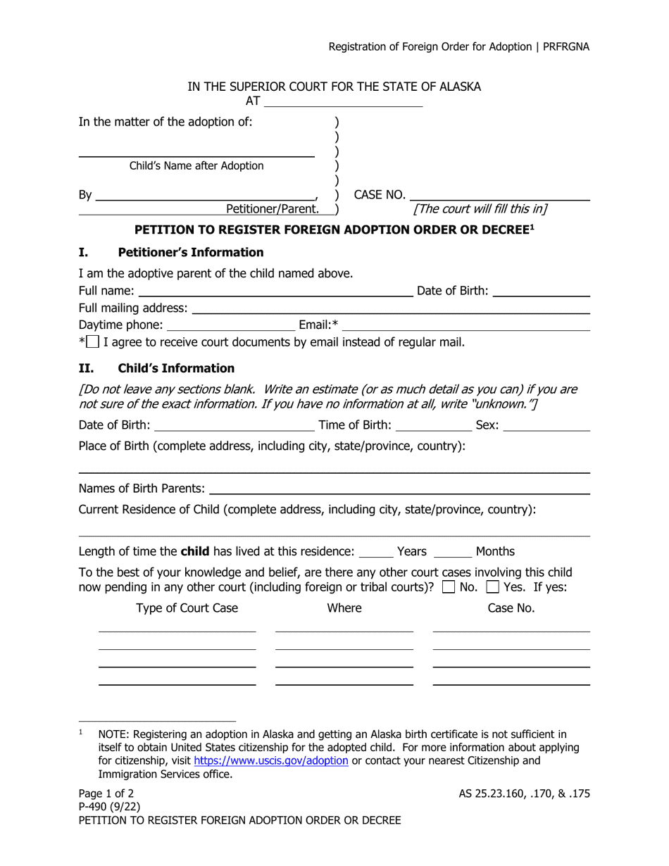 Form P-490 Petition to Register Foreign Adoption Order or Decree - Alaska, Page 1