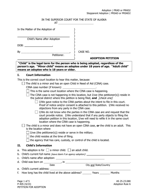 Form P-405 Adoption Petition - Alaska