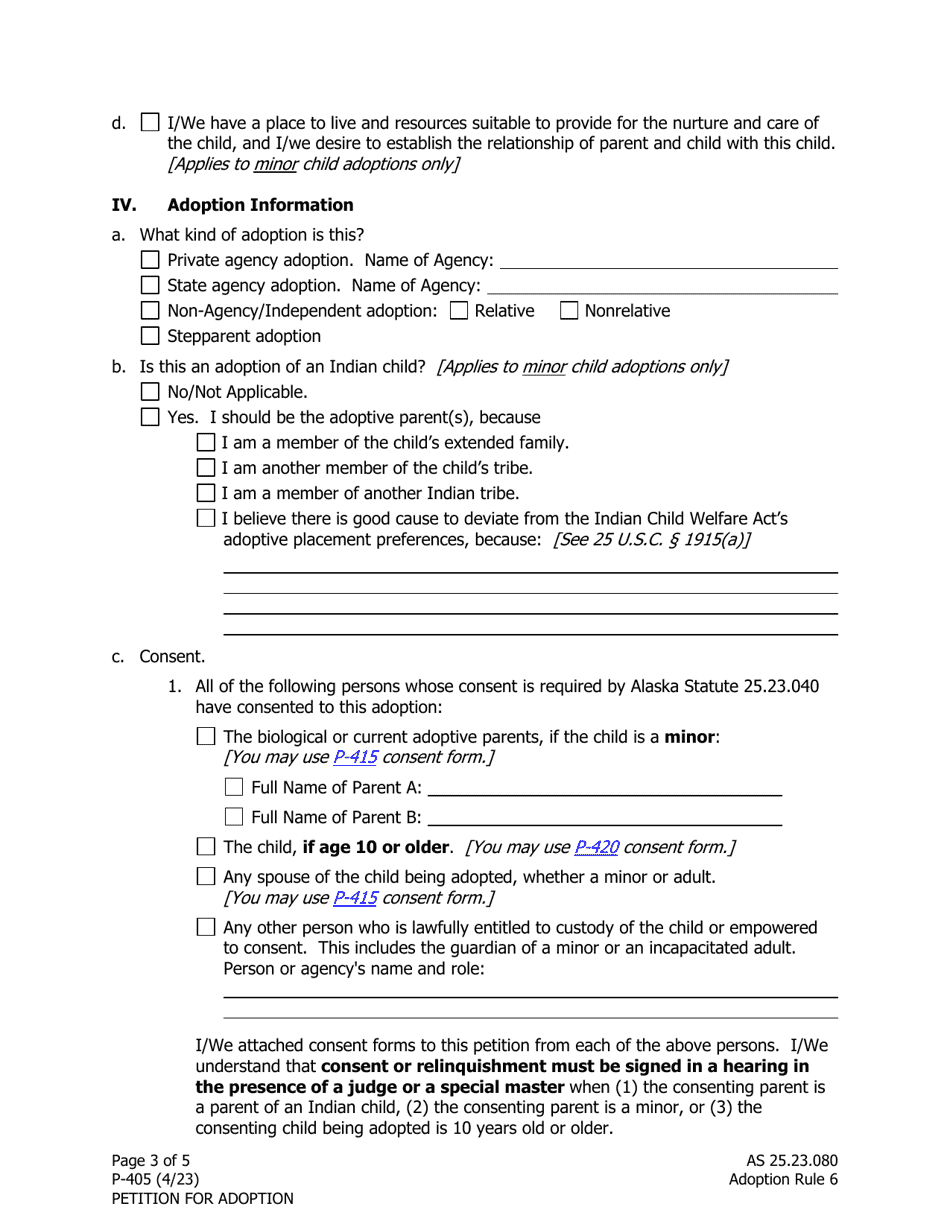 Form P-405 Adoption Petition - Alaska, Page 3