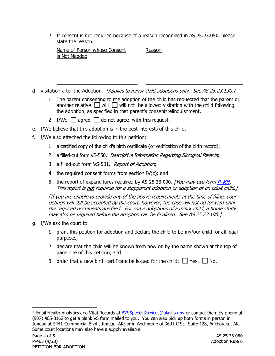 Form P-405 Adoption Petition - Alaska, Page 4