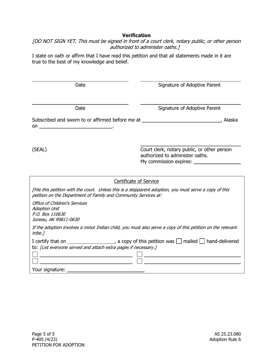 Form P-405 Adoption Petition - Alaska, Page 5