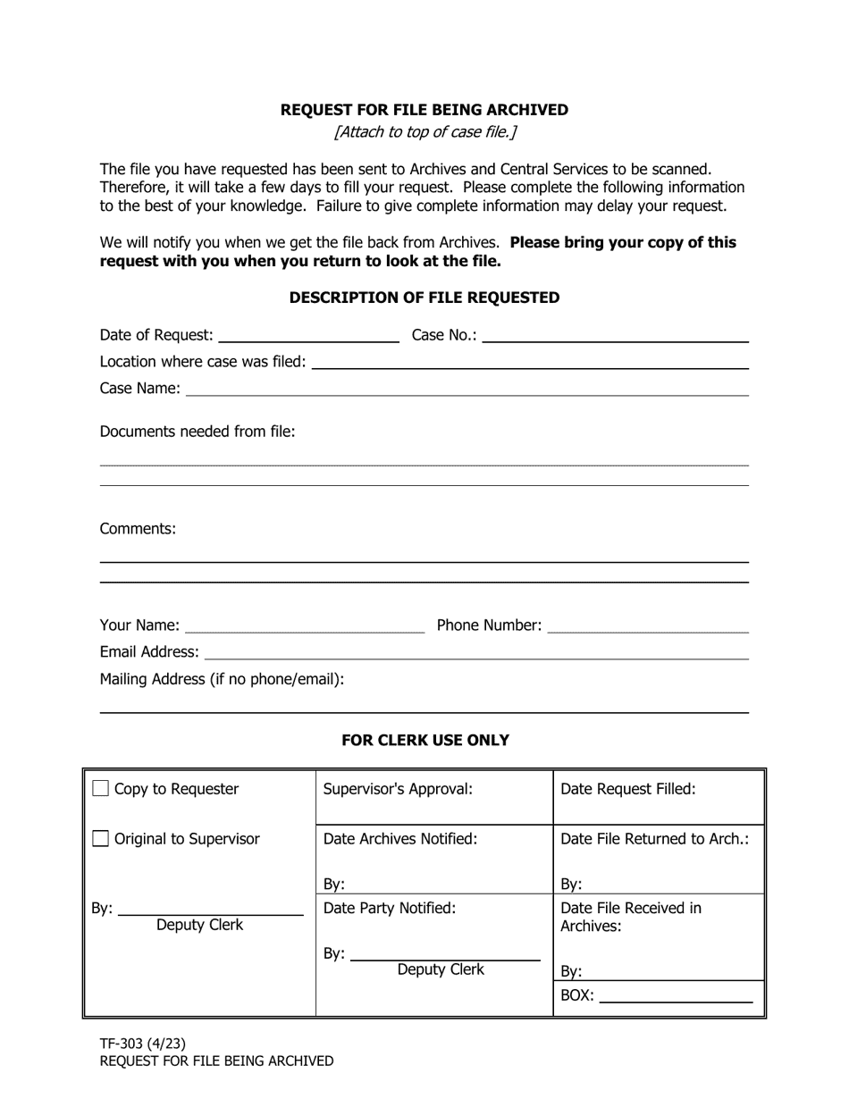 Form TF-303 Request for File Being Archived - Alaska, Page 1