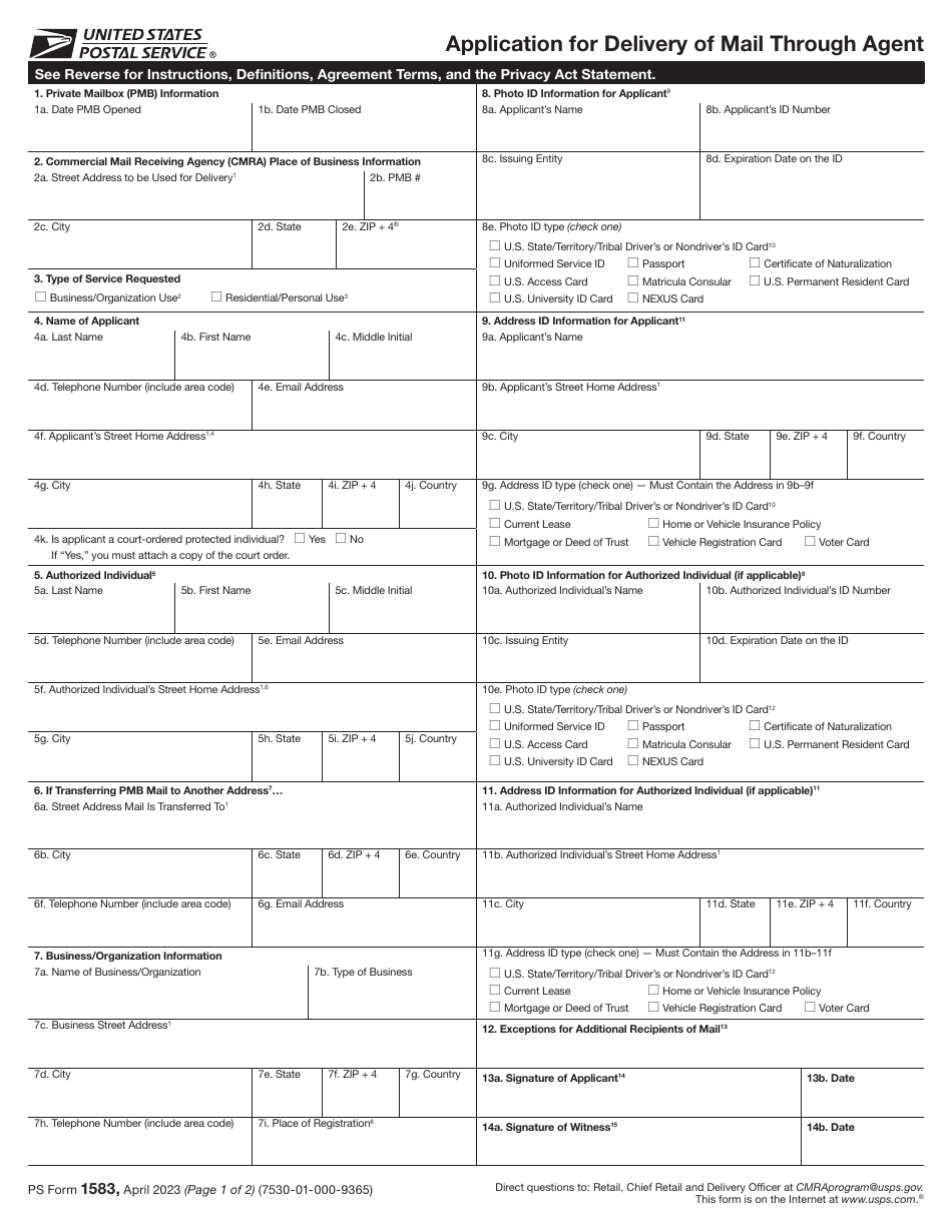 PS Form 1583 Application for Delivery of Mail Through Agent, Page 1