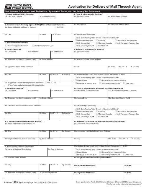 PS Form 1583 Application for Delivery of Mail Through Agent