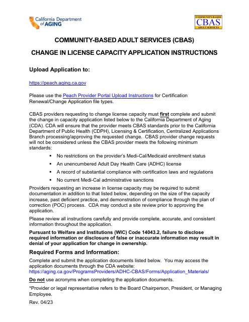 Community-Based Adult Services (Cbas) Change in License Capacity Application Instructions - California Download Pdf