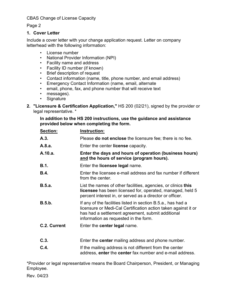 Community-Based Adult Services (Cbas) Change in License Capacity Application Instructions - California, Page 2