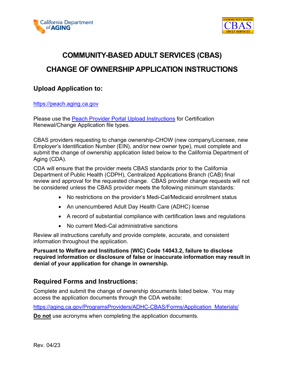 Community-Based Adult Services (Cbas) Change of Ownership Application Instructions - California, Page 1