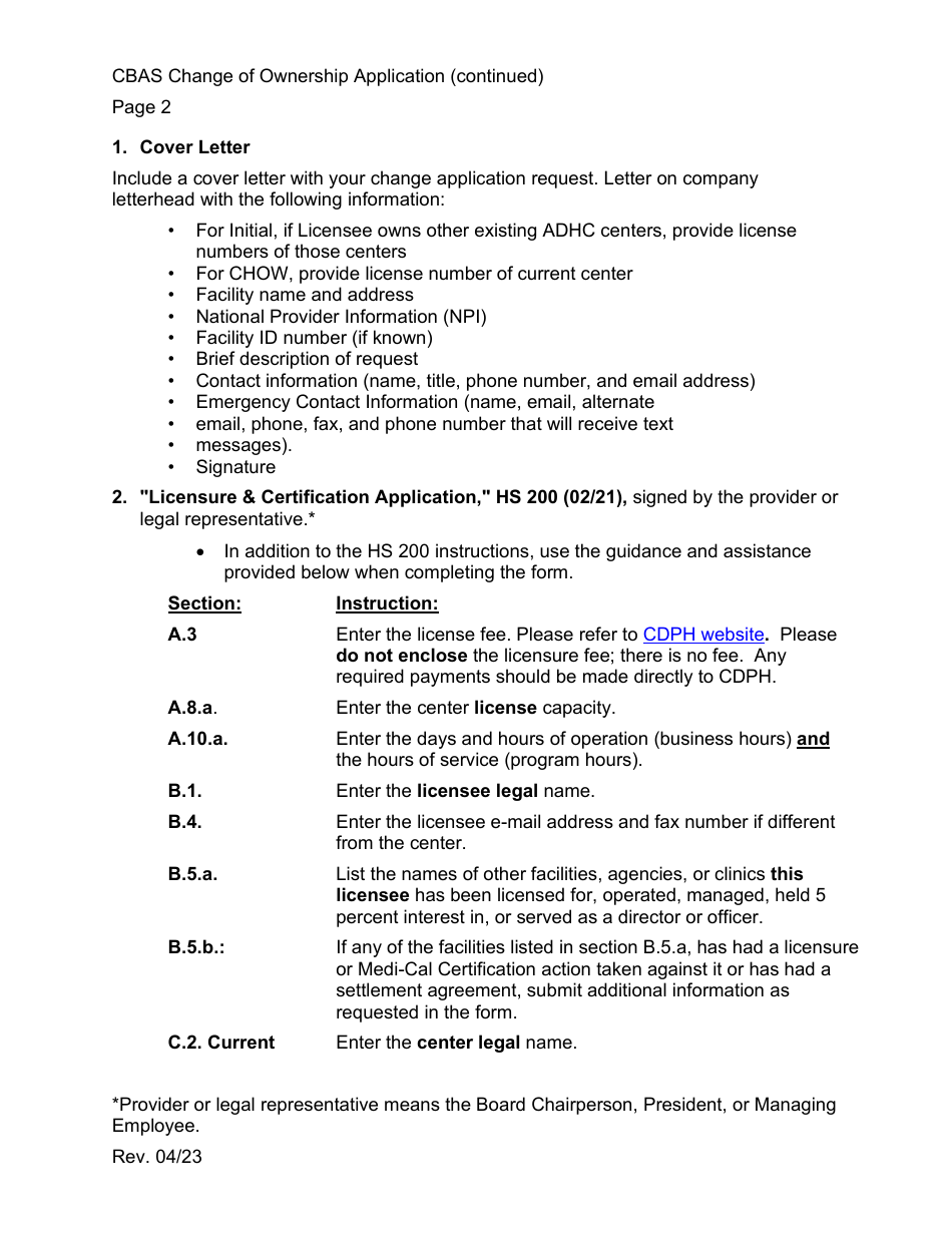 Community-Based Adult Services (Cbas) Change of Ownership Application Instructions - California, Page 2