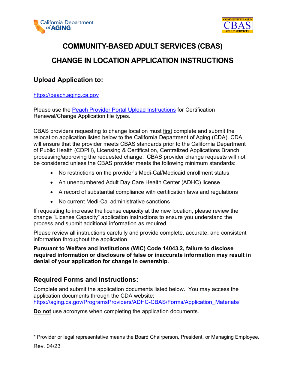 Community-Based Adult Services (Cbas) Change in Location Application Instructions - California, Page 1