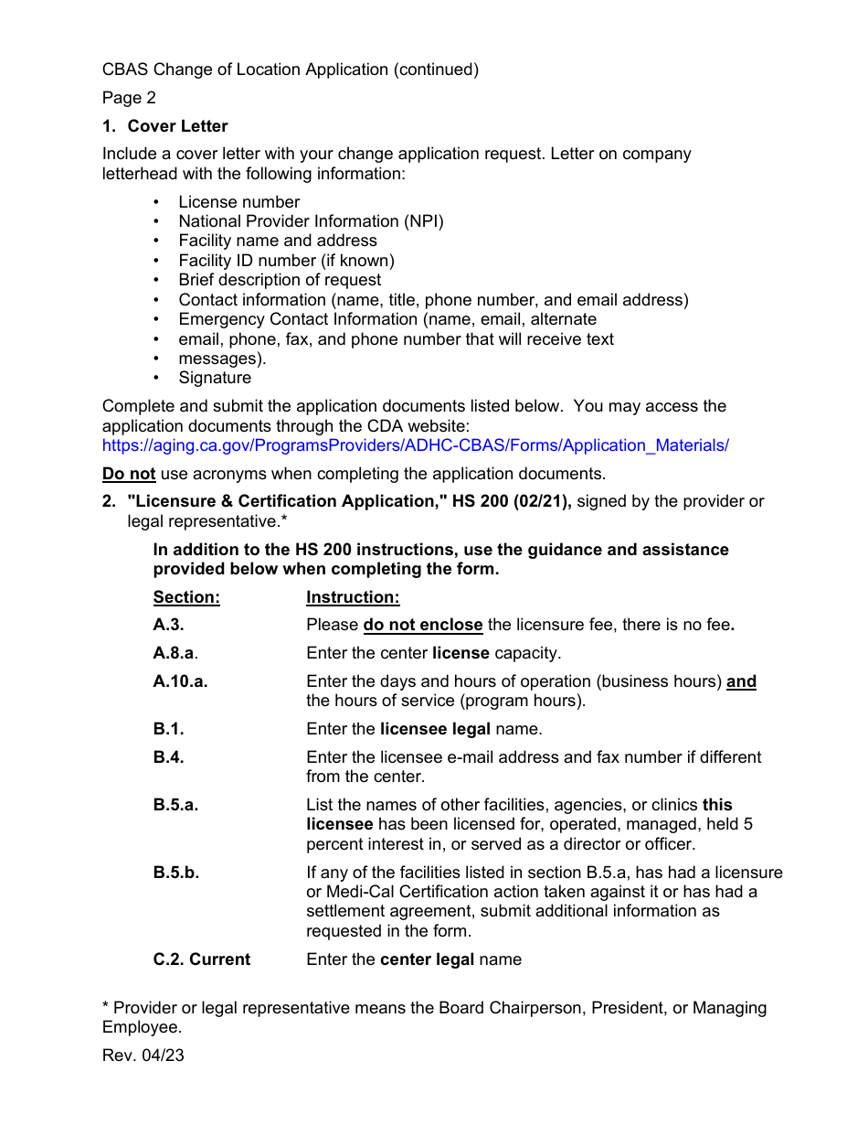 Community-Based Adult Services (Cbas) Change in Location Application Instructions - California, Page 2