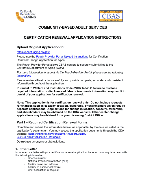 Community-Based Adult Services Certification Renewal Application Instructions - California Download Pdf
