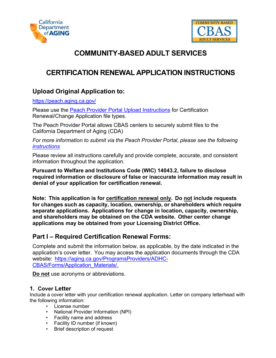 Community-Based Adult Services Certification Renewal Application Instructions - California, Page 1