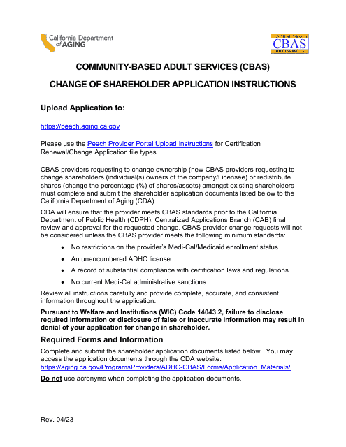 Community-Based Adult Services (Cbas) Change of Shareholder Application Instructions - California Download Pdf