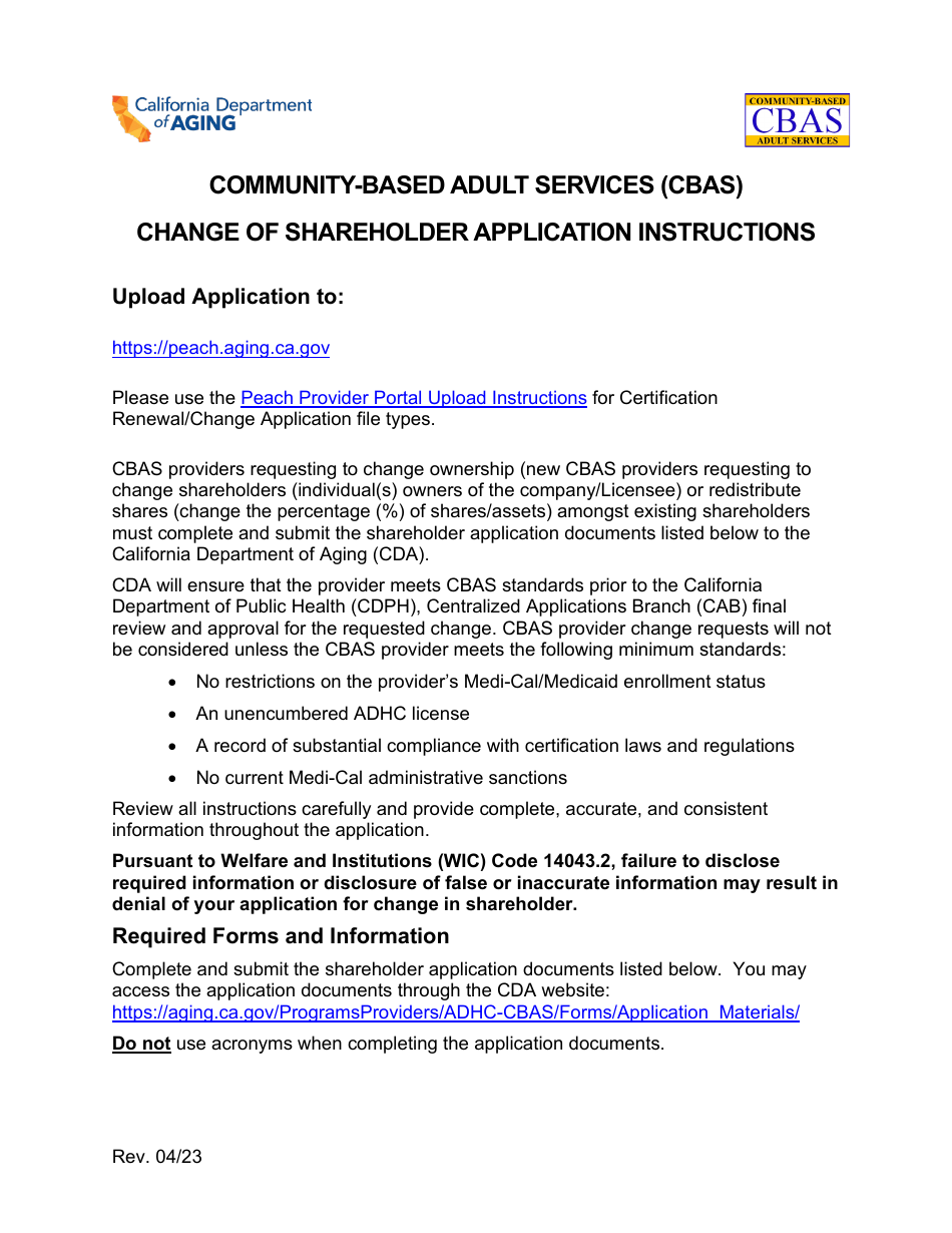 Community-Based Adult Services (Cbas) Change of Shareholder Application Instructions - California, Page 1