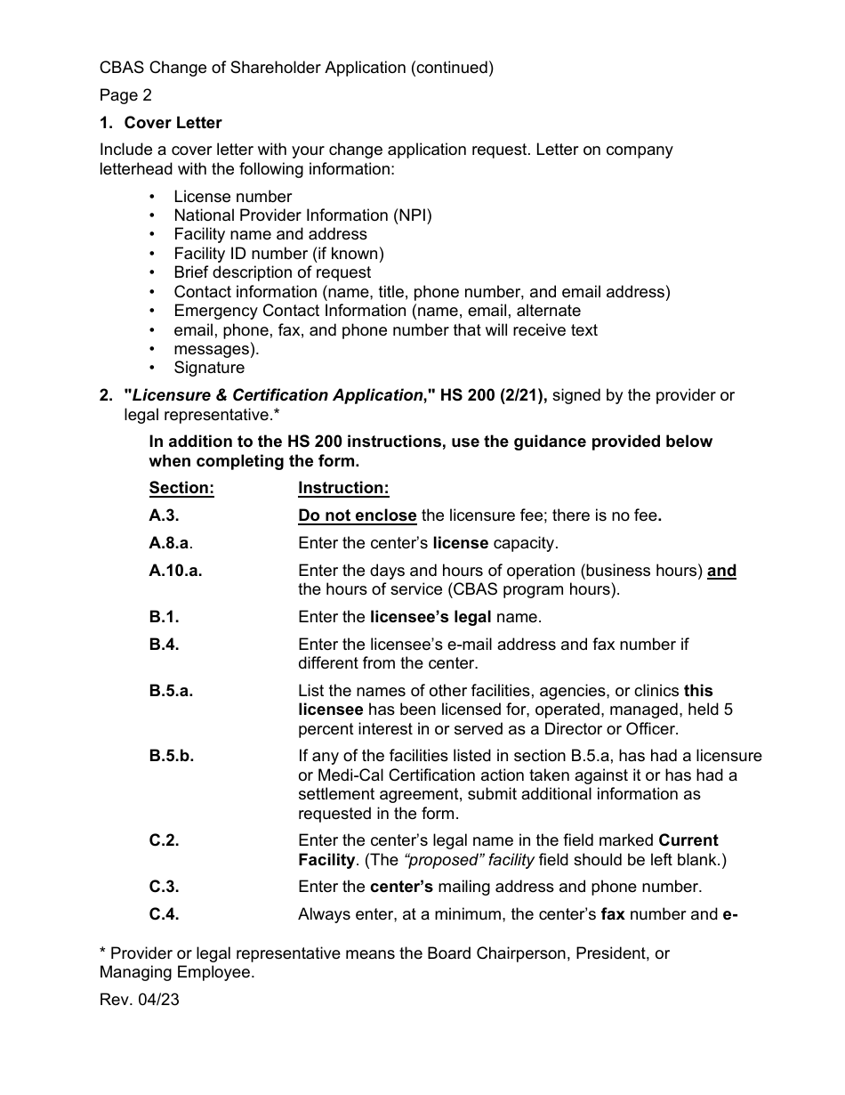 Community-Based Adult Services (Cbas) Change of Shareholder Application Instructions - California, Page 2