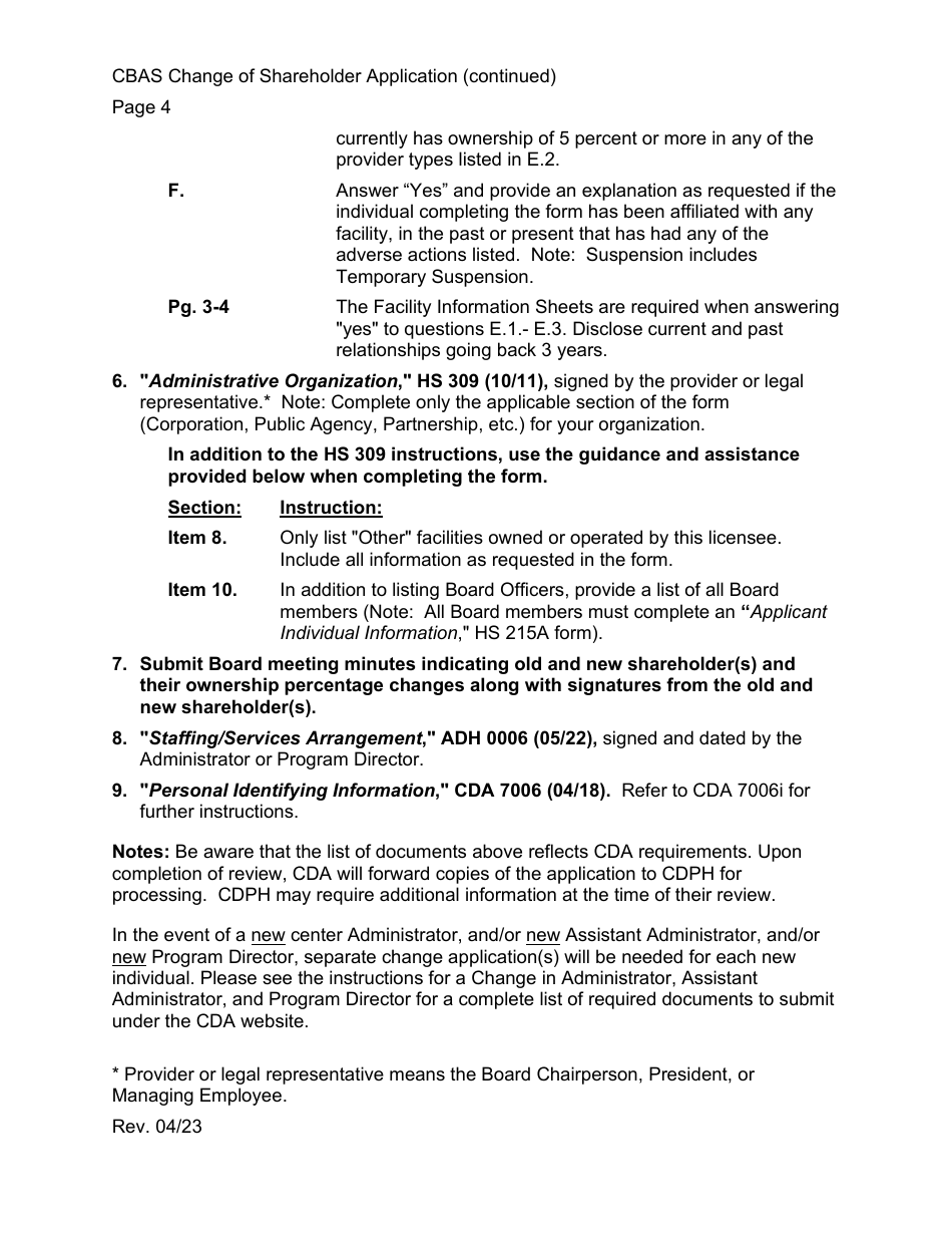 Community-Based Adult Services (Cbas) Change of Shareholder Application Instructions - California, Page 4