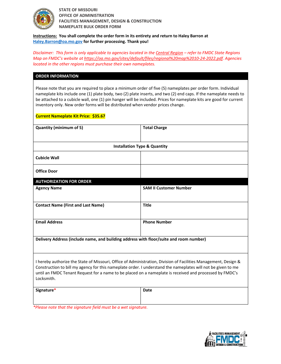 Nameplate Bulk Order Form - Missouri, Page 1