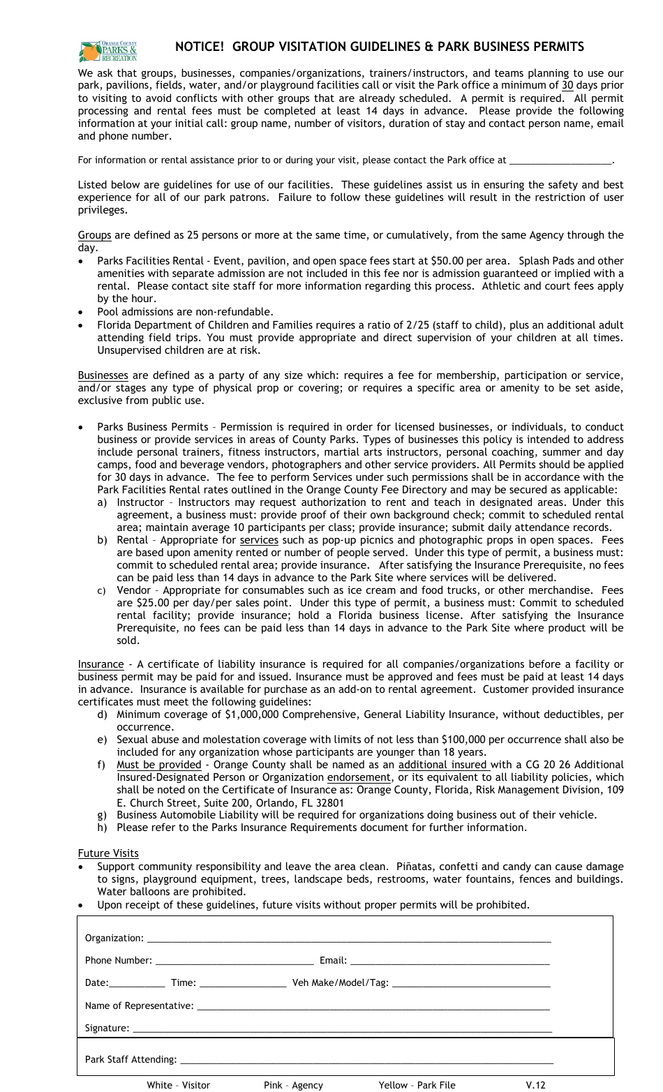 Group Visitation Guidelines  Park Business Permits - Orange County, Florida, Page 1