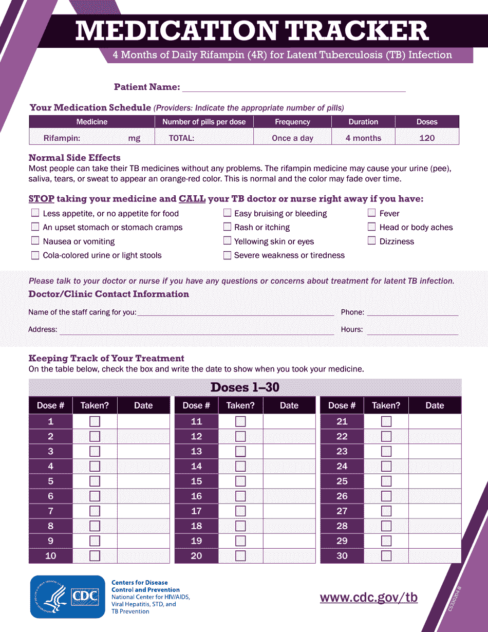 Form CS330204-B Medication Tracker - 4 Months of Daily Rifampin (4r) for Latent Tuberculosis (Tb) Infection, Page 1