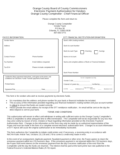 Electronic Payment Authorization for Vendors - Orange County, Florida Download Pdf
