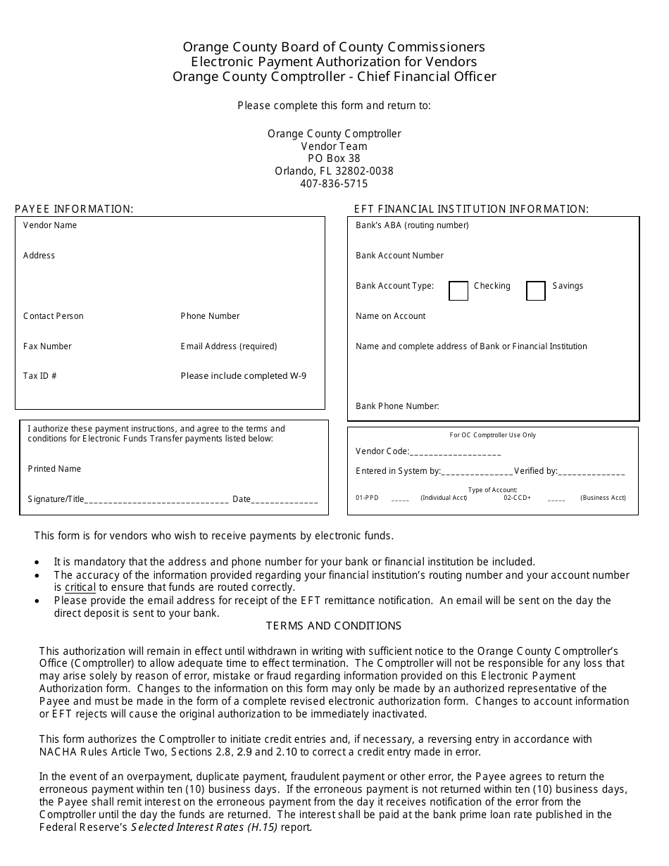 Electronic Payment Authorization for Vendors - Orange County, Florida, Page 1