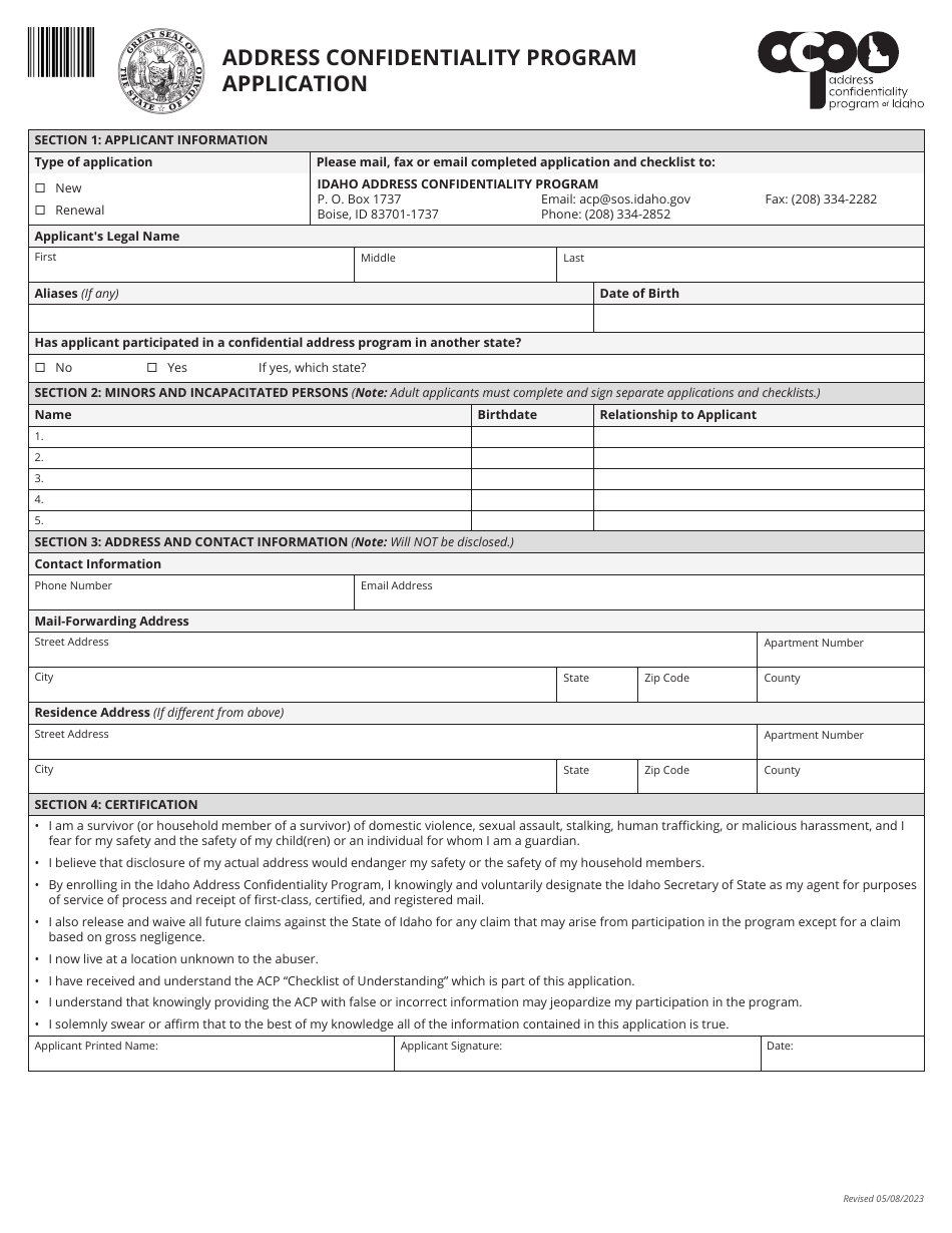 Address Confidentiality Program Application - Idaho, Page 1