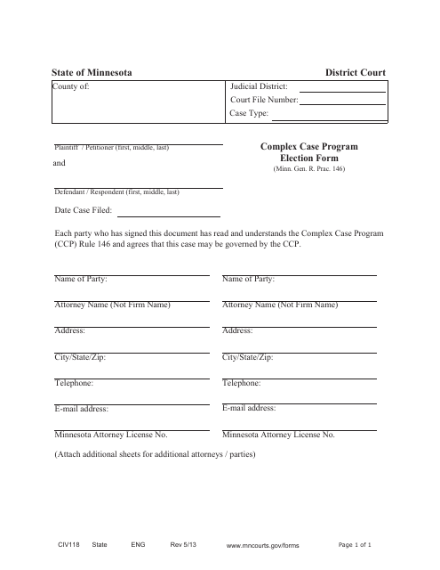 Form CIV118 Complex Case Program Election Form - Minnesota