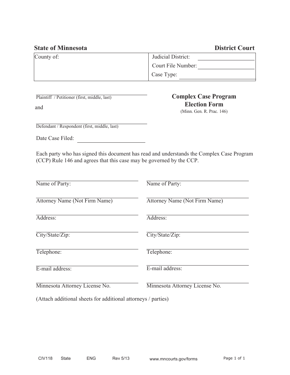 Form CIV118 Complex Case Program Election Form - Minnesota, Page 1