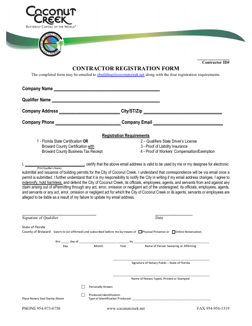 Contractor Registration Form - City of Coconut Creek, Florida Download Pdf