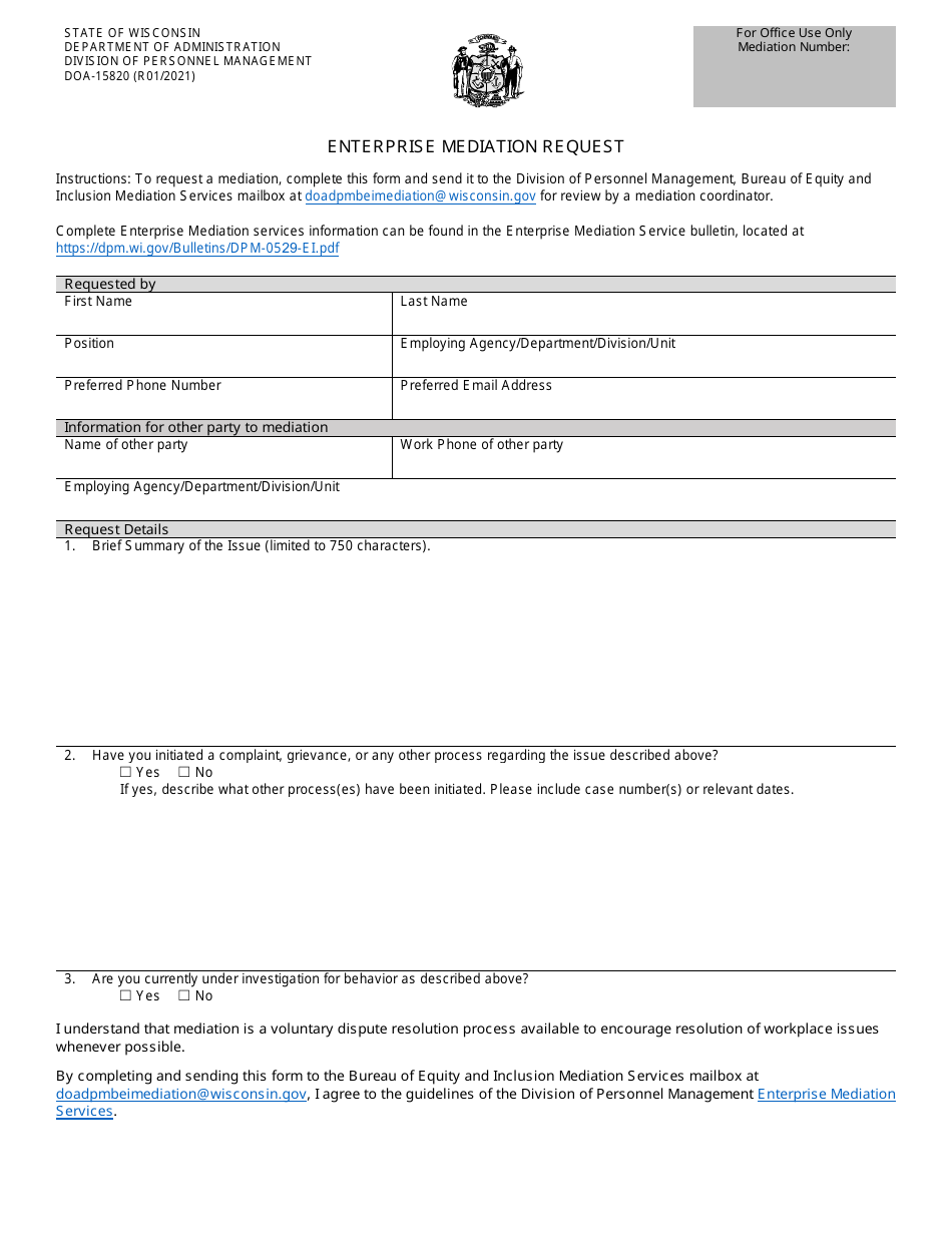 Form DOA-15820 Enterprise Mediation Request - Wisconsin, Page 1