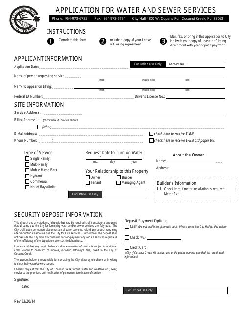 Application for Water and Sewer Services - City of Coconut Creek, Florida Download Pdf