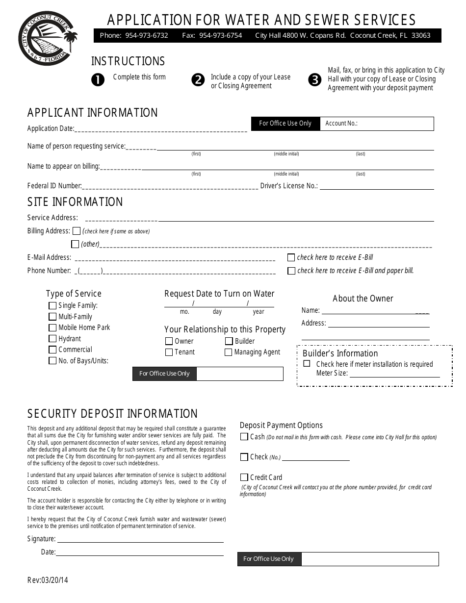 City of Coconut Creek, Florida Application for Water and Sewer Services