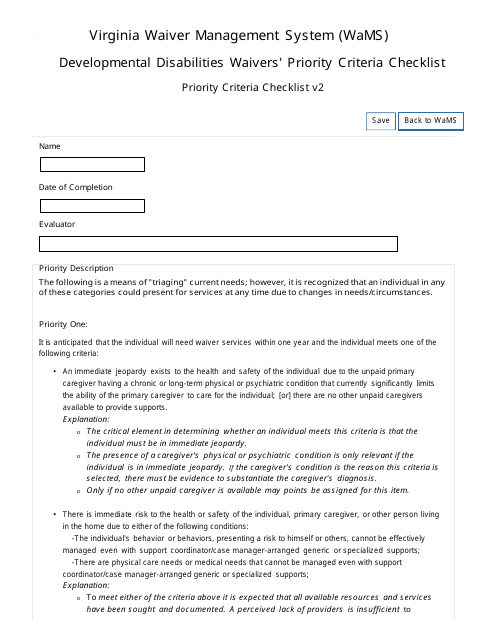 Developmental Disabilities Waivers' Priority Criteria Checklist - Virginia Download Pdf