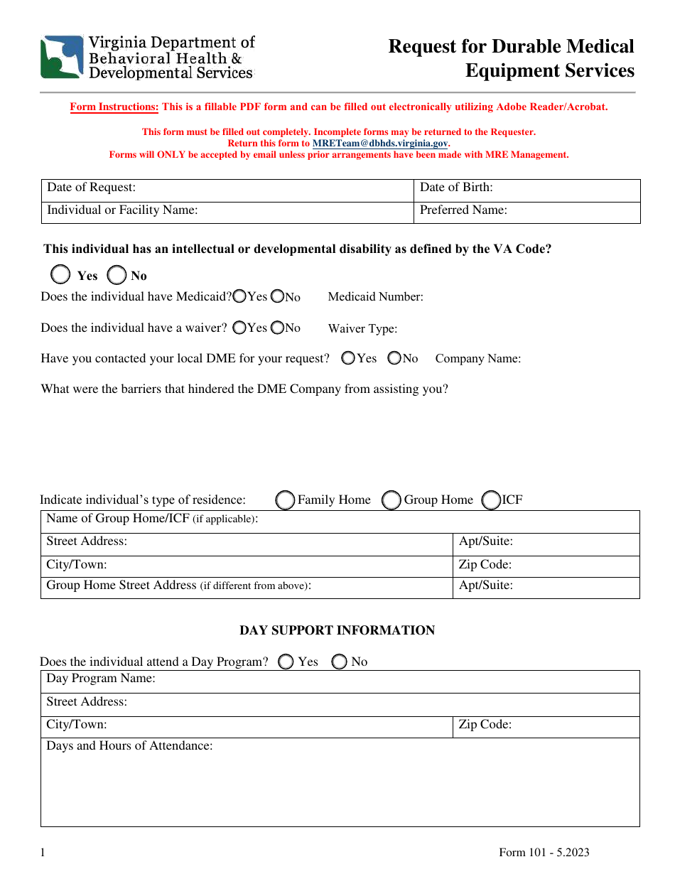 Form 101 Request for Durable Medical Equipment Services - Virginia, Page 1