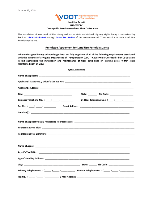 Form LUP-CWOFC Land Use Permit - Countywide Permit - Overhead Fiber Co-location - Virginia