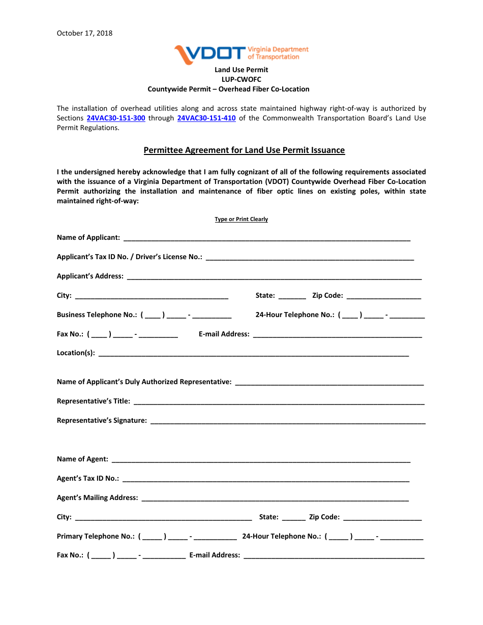 Form LUP-CWOFC Land Use Permit - Countywide Permit - Overhead Fiber Co-location - Virginia, Page 1